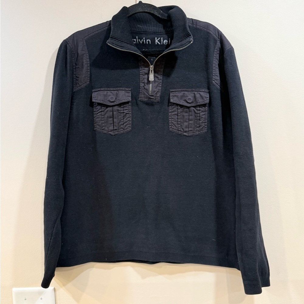 🔥Calvin Klein Men's Black Quarter-Zip Pullover Sweater Size L EUC 🔥
